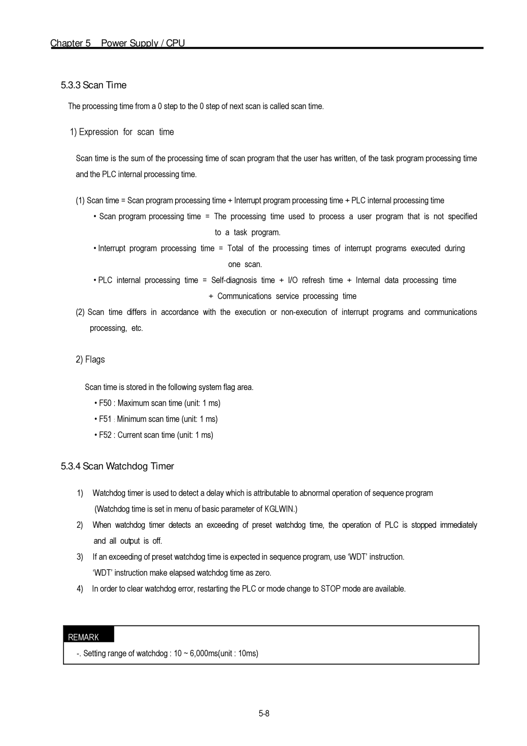 LG Electronics 120S user manual Power Supply / CPU Scan Time, Scan Watchdog Timer, Expression for scan time, Flags 