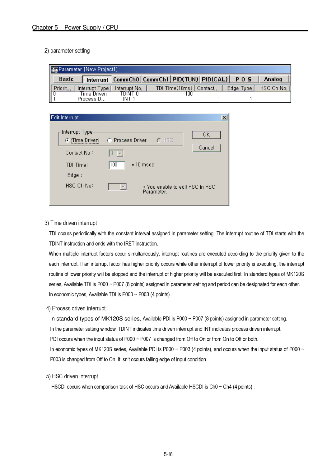 LG Electronics 120S user manual Parameter setting Time driven interrupt, Process driven interrupt, HSC driven interrupt 