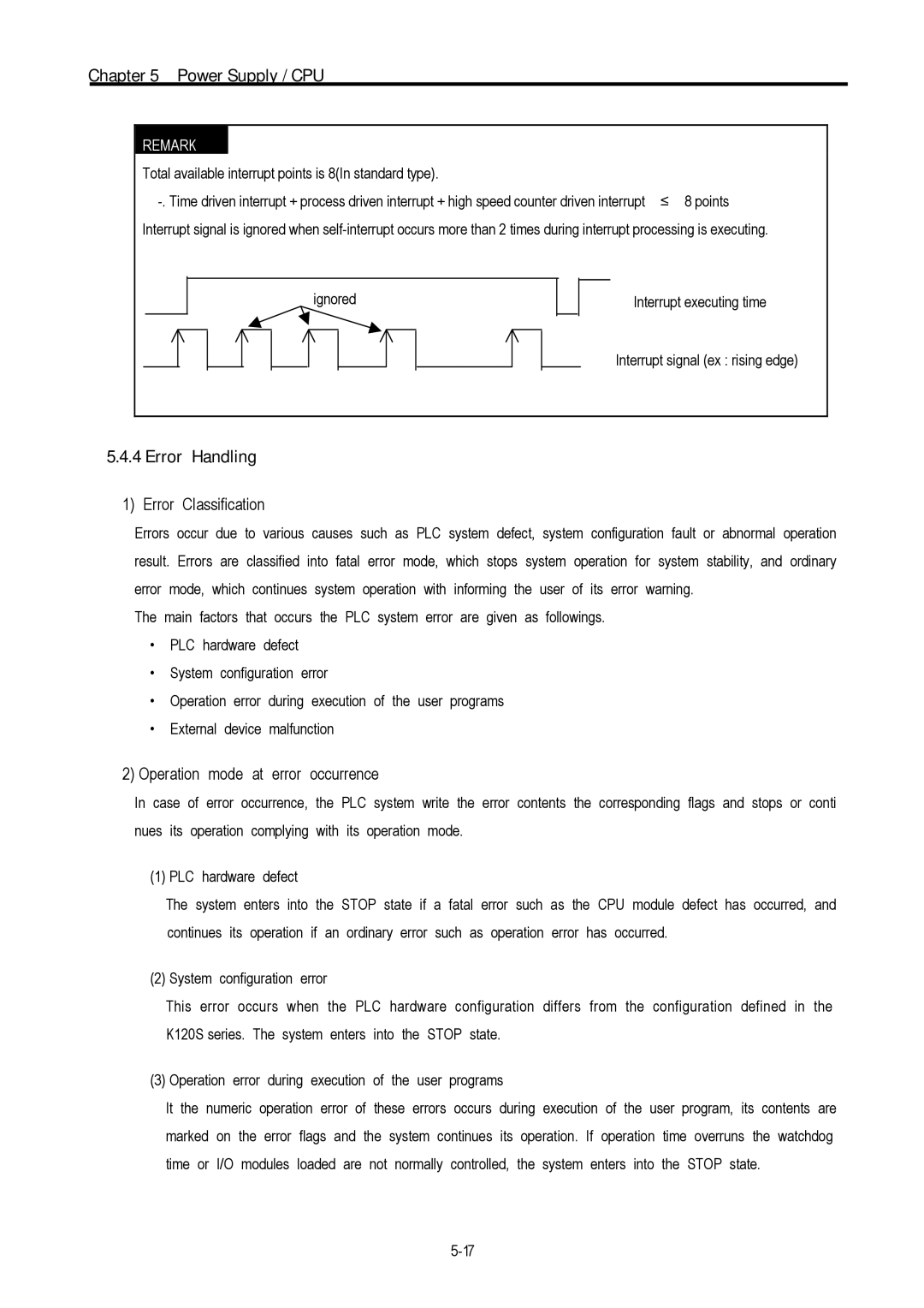 LG Electronics 120S user manual Error Handling, Error Classification, Operation mode at error occurrence 