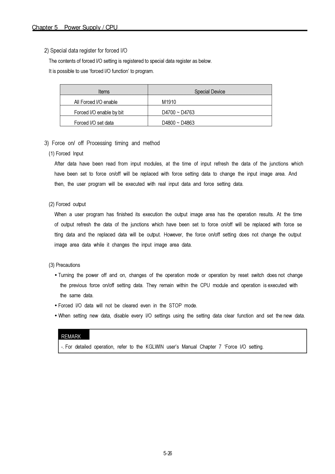 LG Electronics 120S user manual Special data register for forced I/O, Force on/ off Processing timing and method 