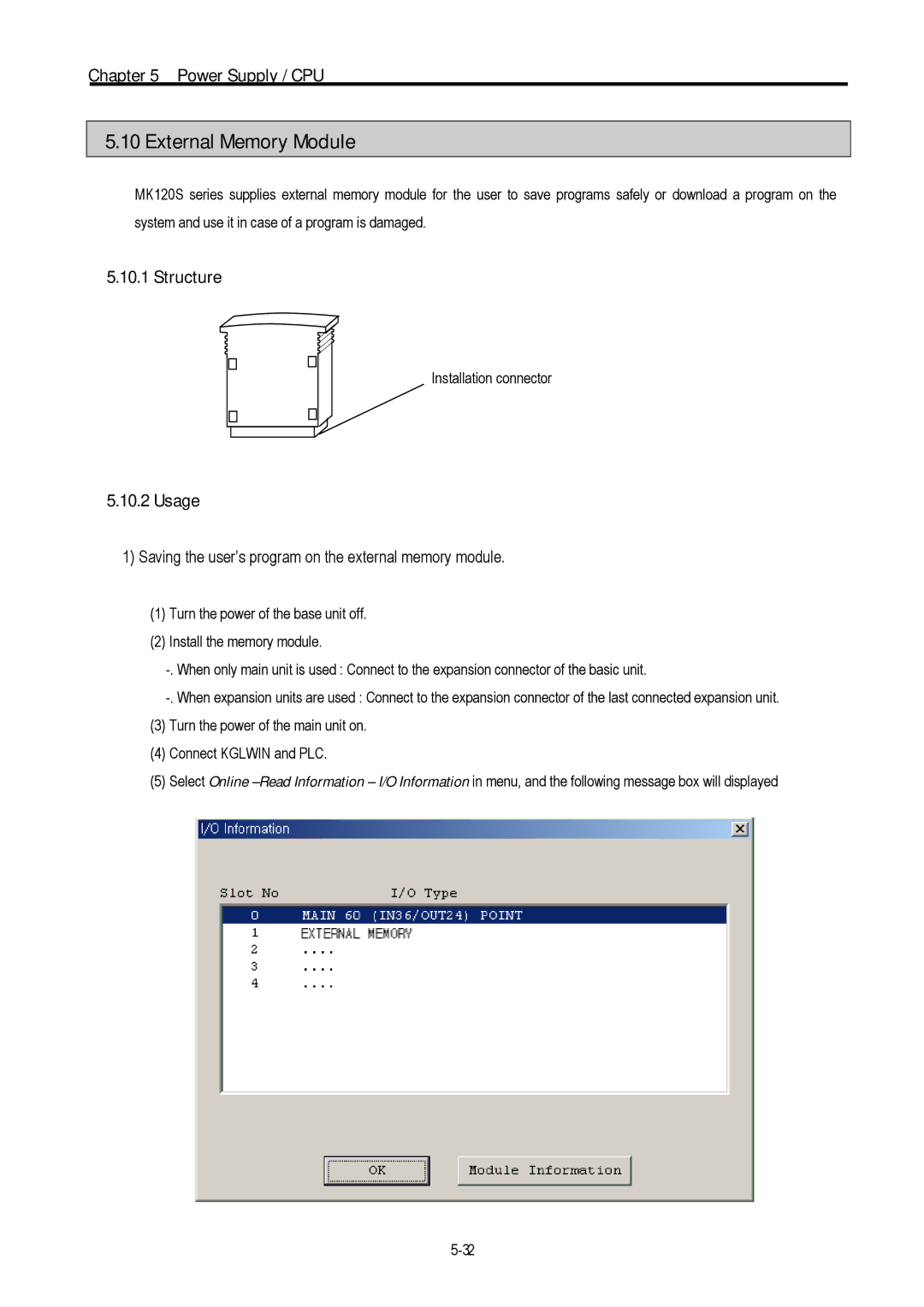 LG Electronics 120S user manual External Memory Module, Saving the user’s program on the external memory module 