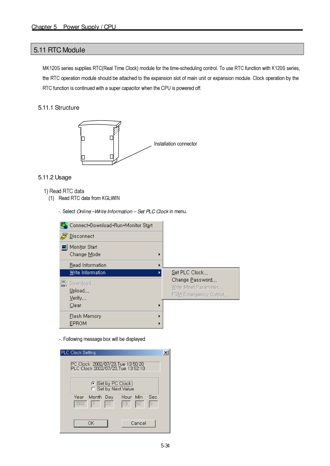 LG Electronics 120S user manual RTC Module, Read RTC data from Kglwin, Following message box will be displayed 