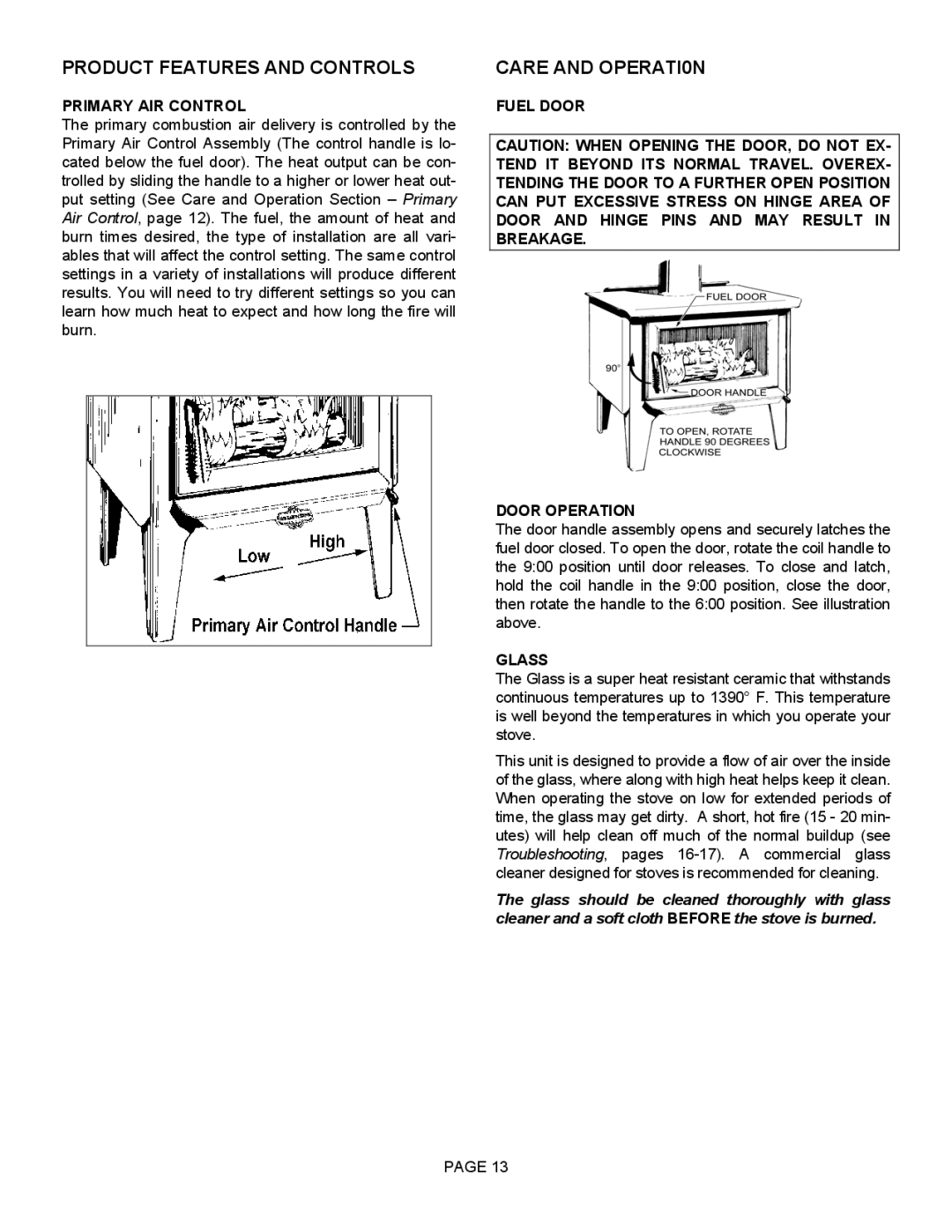 LG Electronics 1400HT Product Features and Controls, Care and OPERATI0N, Primary AIR Control, Fuel Door Door Operation 