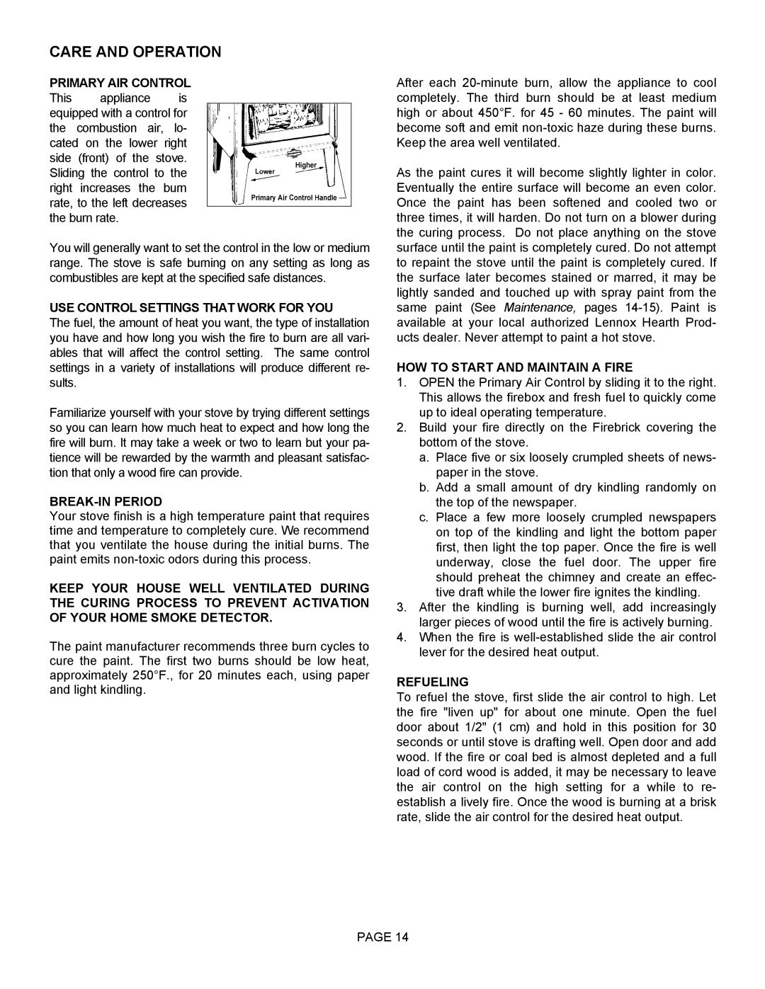 LG Electronics 1400HT Care and Operation, USE Control Settings That Work for YOU, BREAK-IN Period, Refueling 