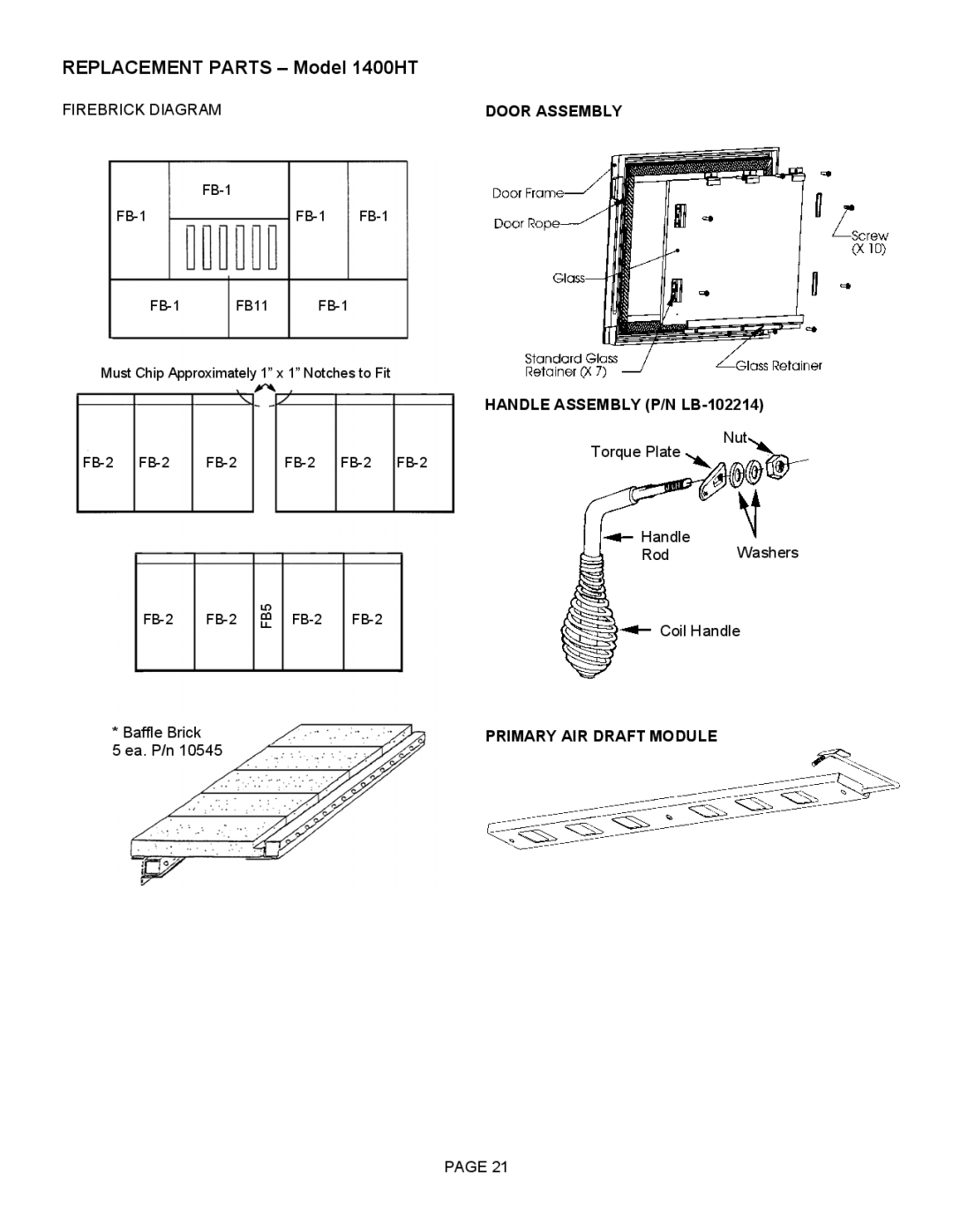 LG Electronics 1400HT operation manual Door Assembly, Handle Assembly P/N LB-102214, Primary AIR Draft Module 