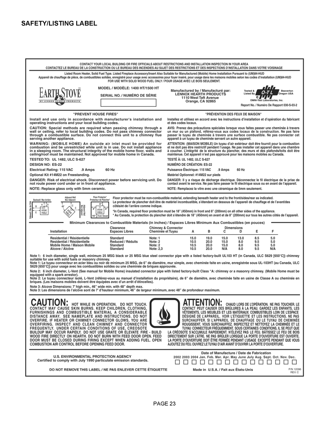 LG Electronics 1400HT operation manual SAFETY/LISTING Label 