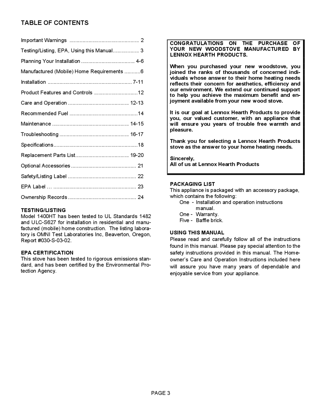 LG Electronics 1400HT operation manual Table of Contents 