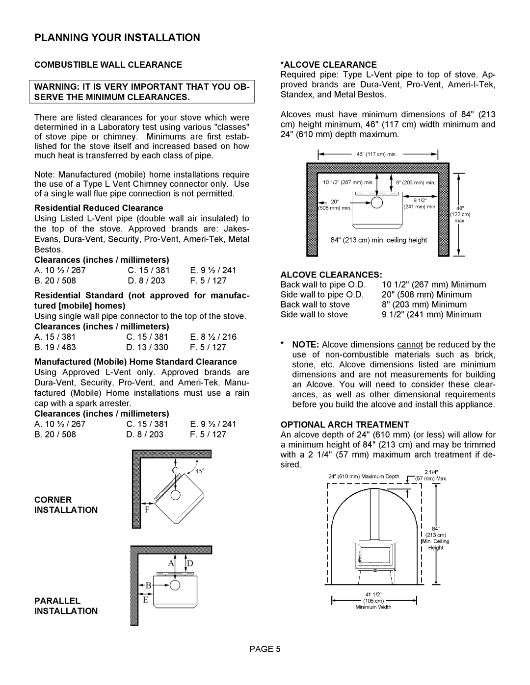 LG Electronics 1400HT Combustible Wall Clearance, Corner Installation Parallel Alcove Clearance, Alcove Clearances 