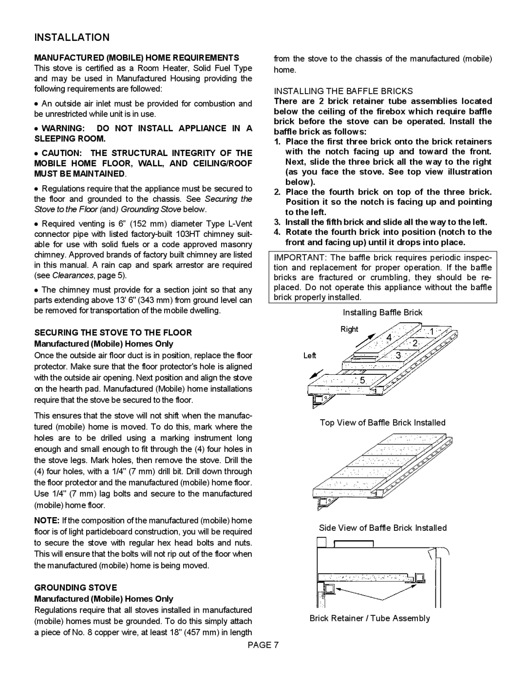 LG Electronics 1400HT Installation, Securing the Stove to the Floor, Manufactured Mobile Homes Only, Grounding Stove 