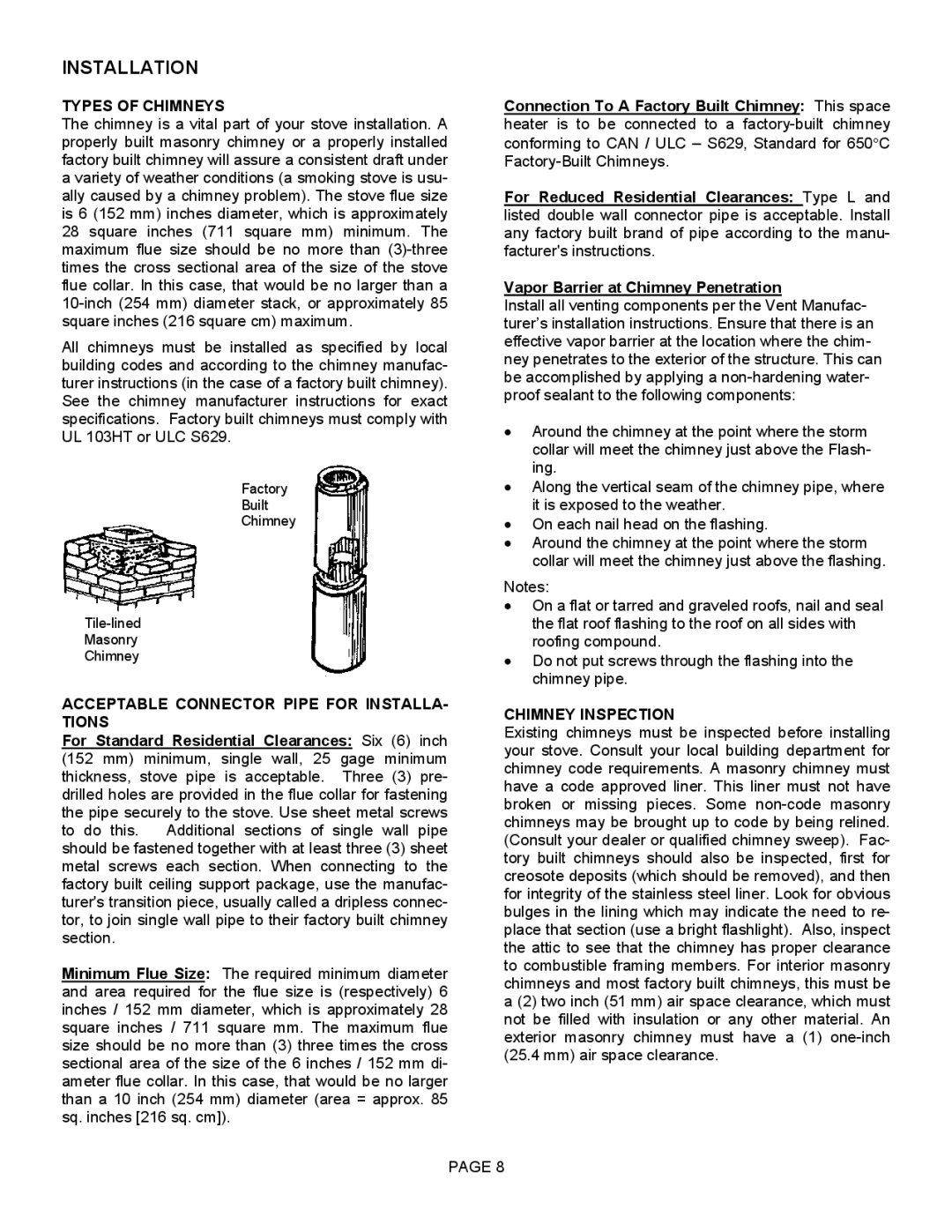 LG Electronics 1400HT operation manual Types of Chimneys, Acceptable Connector Pipe for INSTALLA- Tions, Chimney Inspection 