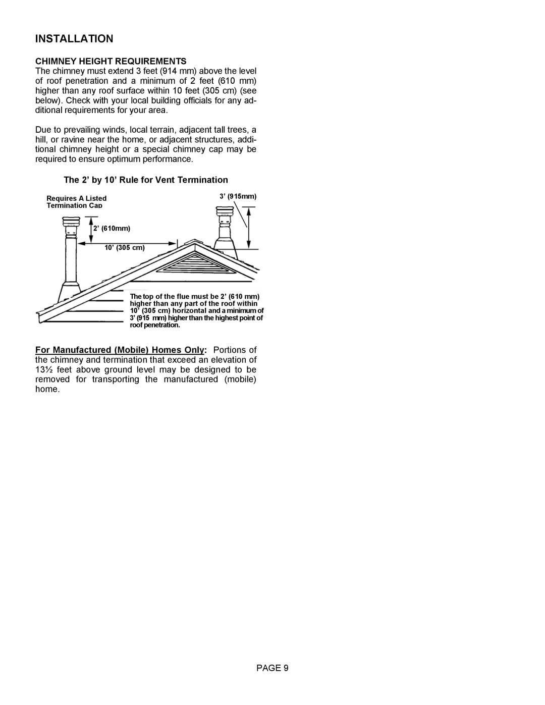 LG Electronics 1400HT operation manual Chimney Height Requirements, 2’ by 10’ Rule for Vent Termination 