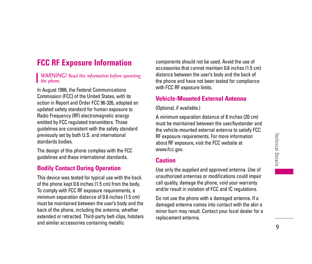 LG Electronics 150 manual Bodily Contact During Operation, Vehicle-Mounted External Antenna, Optional, if available 