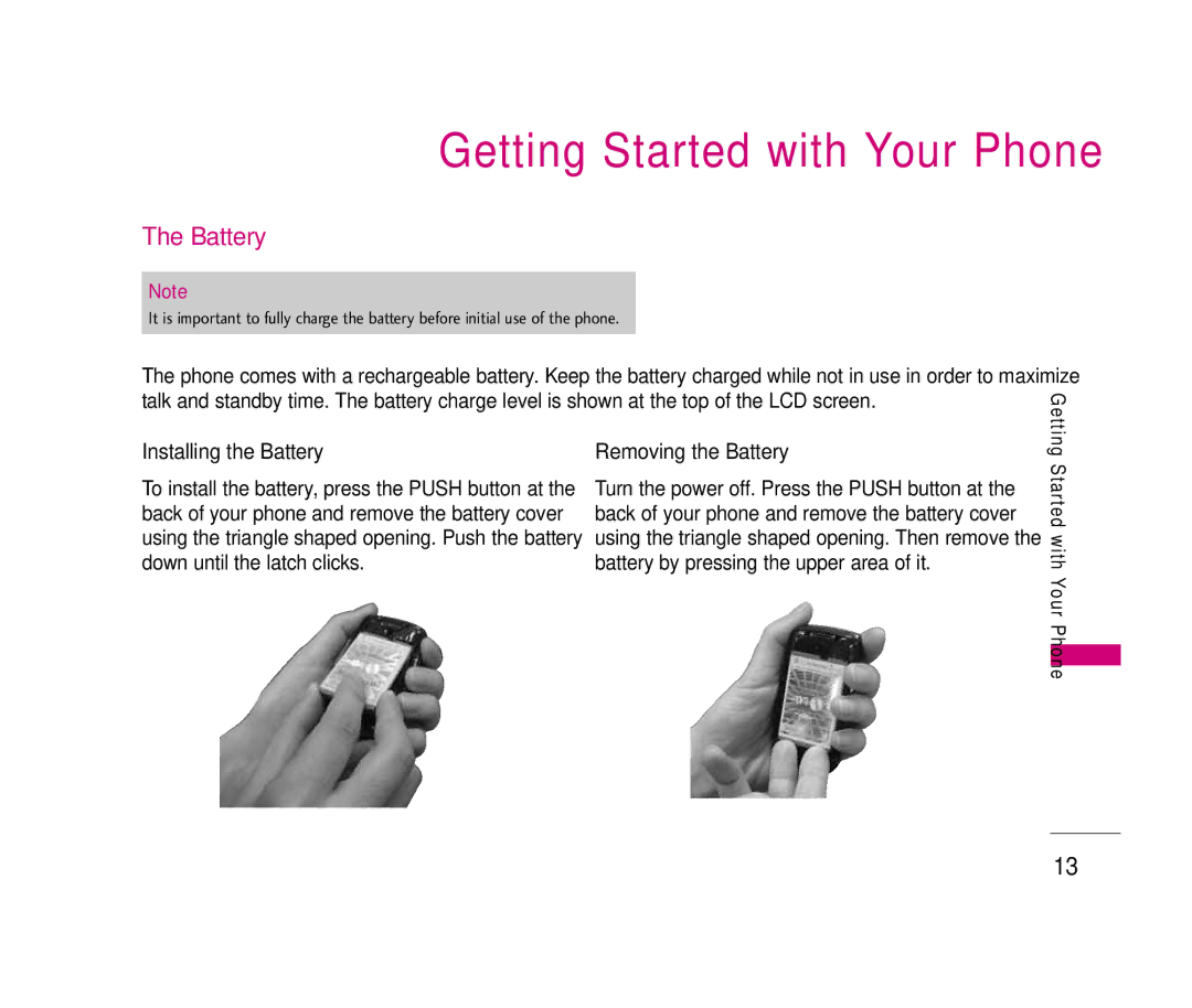 LG Electronics 150 manual Getting Started with Your Phone, Installing the Battery, Removing the Battery 