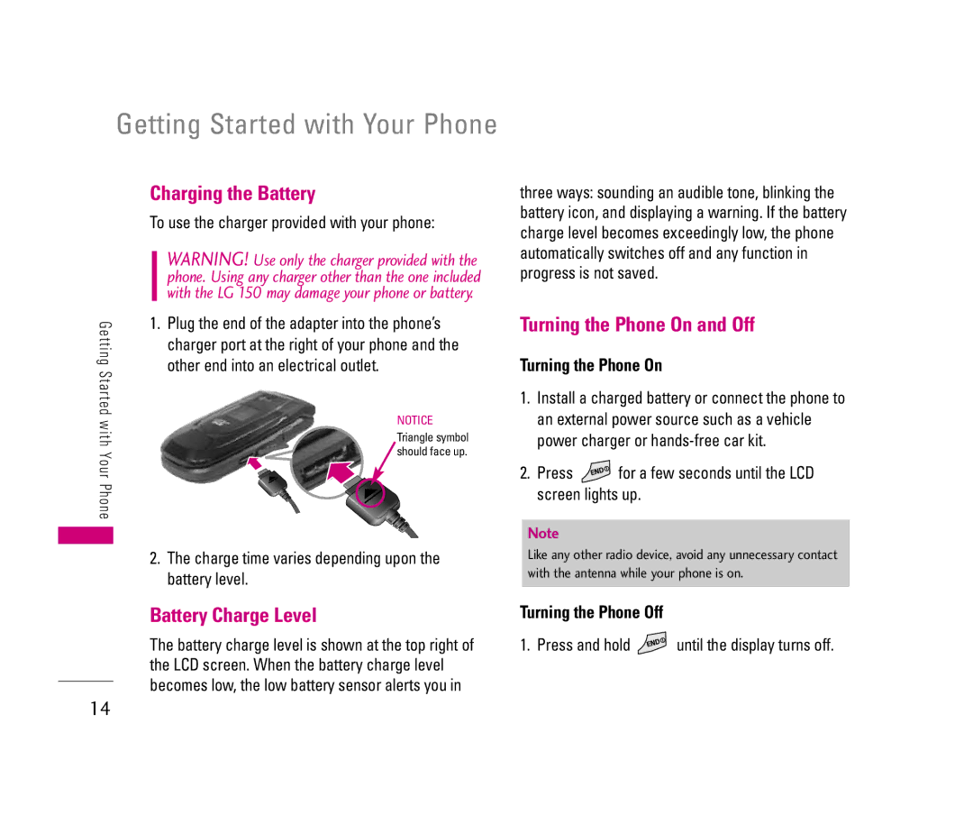 LG Electronics 150 manual Getting Started with Your Phone, Charging the Battery, Battery Charge Level 