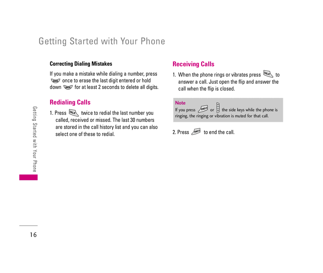 LG Electronics 150 manual Redialing Calls, Receiving Calls, Correcting Dialing Mistakes 