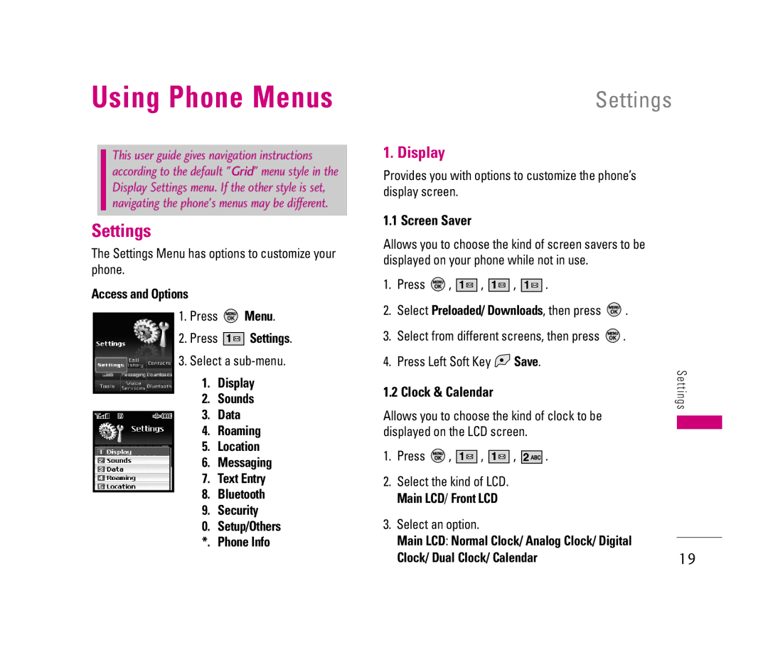 LG Electronics 150 manual Using Phone Menus, Settings, Display 