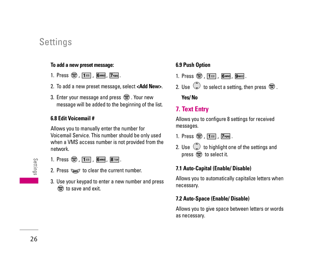 LG Electronics 150 Text Entry, Edit Voicemail #, Push Option, Auto-Capital Enable/ Disable, Auto-Space Enable/ Disable 