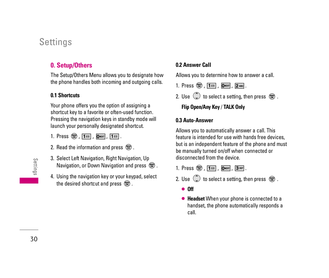 LG Electronics 150 manual Setup/Others, Shortcuts, Answer Call, Auto-Answer, Off 