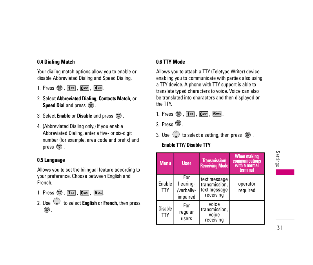 LG Electronics 150 manual Dialing Match, Language, TTY Mode, Enable TTY/ Disable TTY 