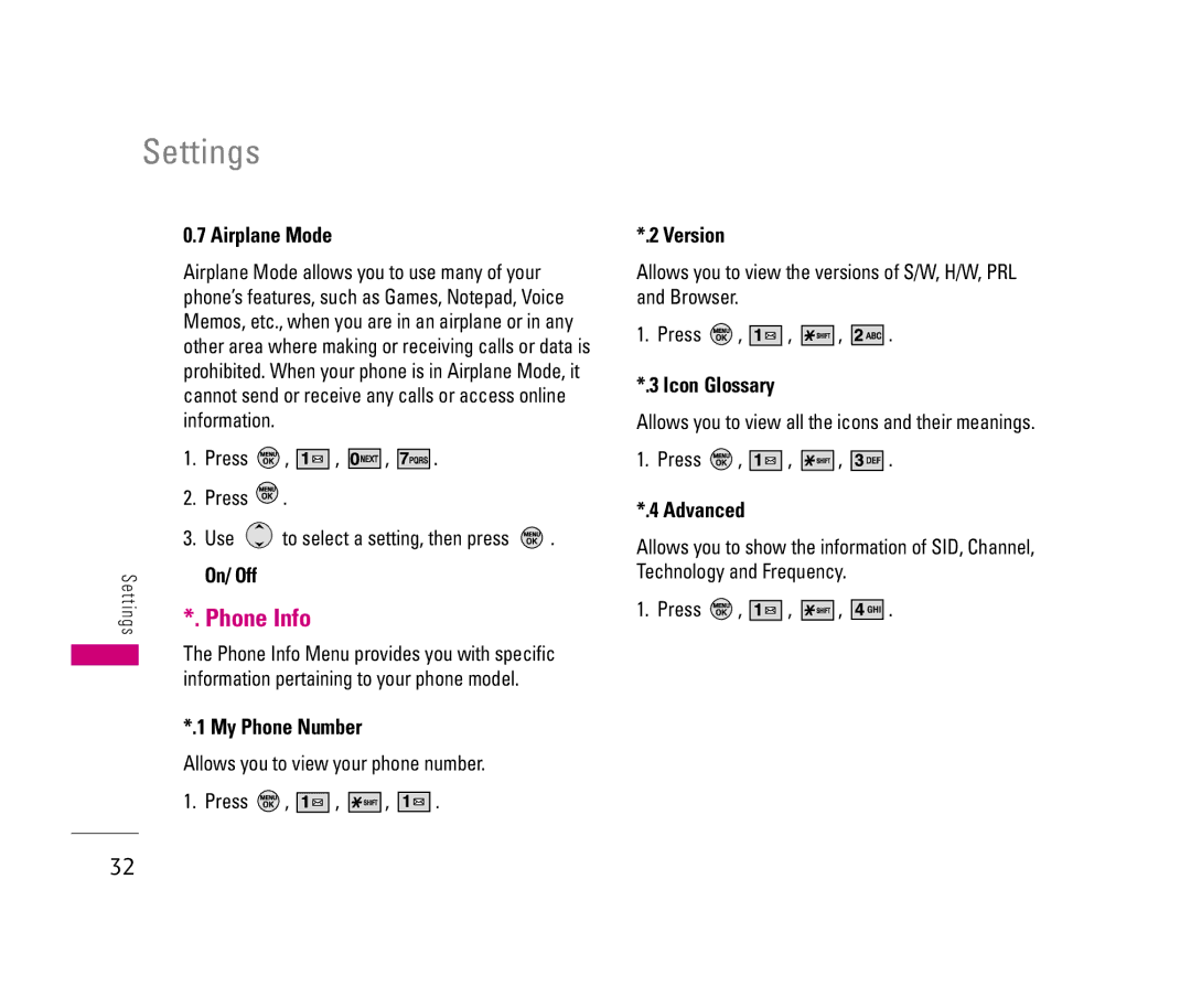 LG Electronics 150 manual Airplane Mode, My Phone Number, Version, Icon Glossary, Advanced 