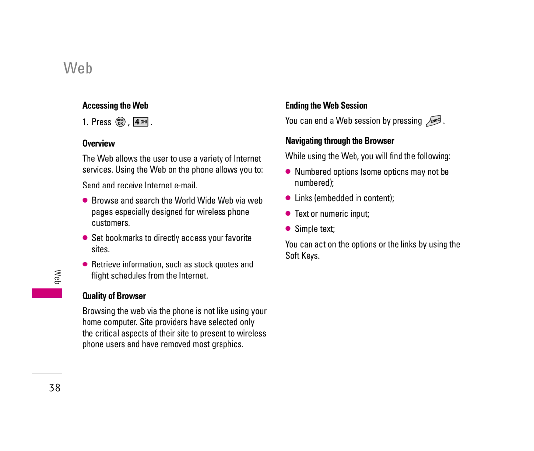 LG Electronics 150 manual Overview, Quality of Browser, Ending the Web Session, Navigating through the Browser 