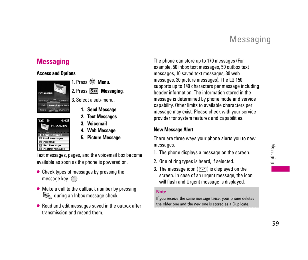 LG Electronics 150 manual Press Messaging, New Message Alert 