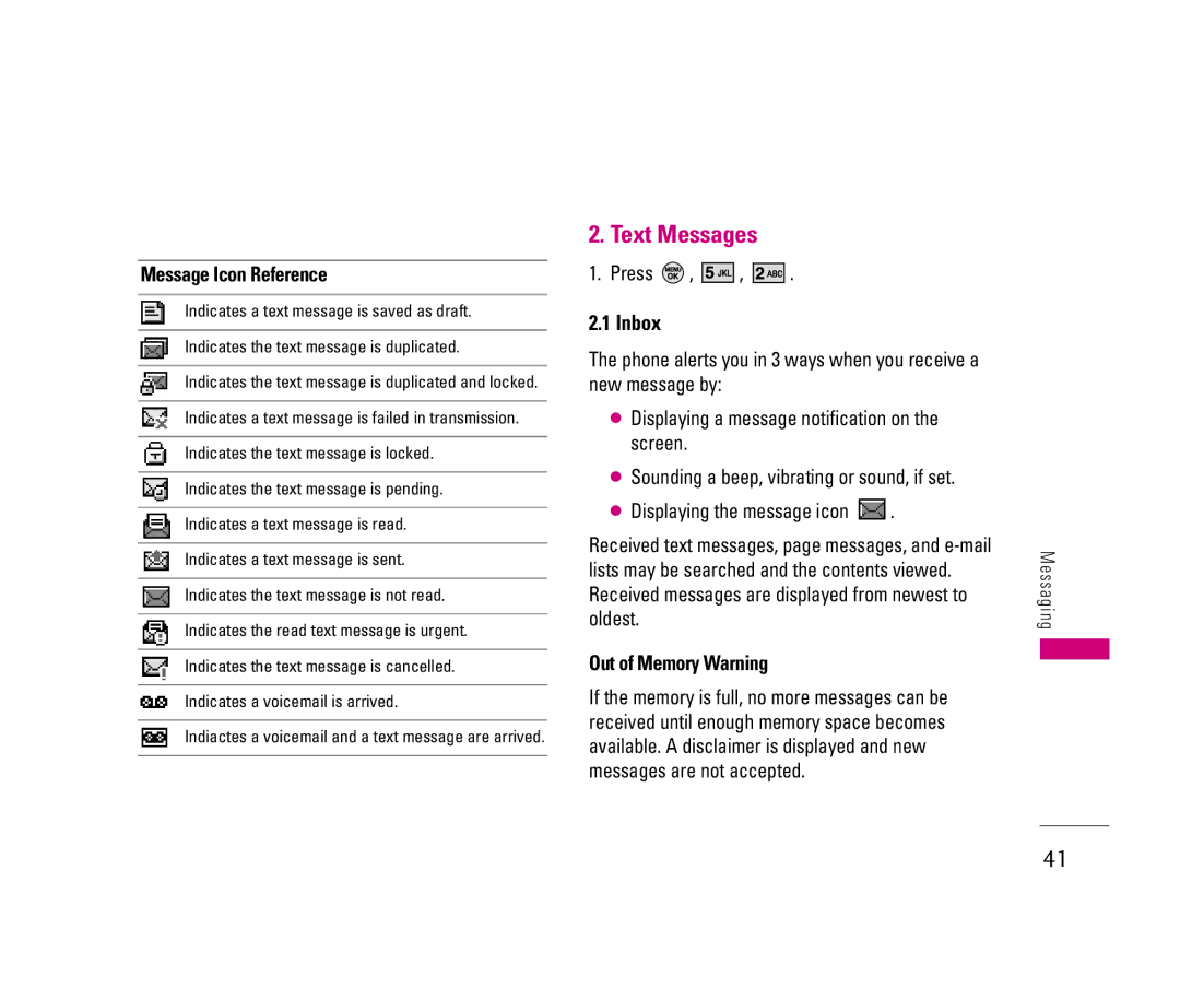 LG Electronics 150 manual Text Messages, Inbox, Message Icon Reference, Out of Memory Warning 