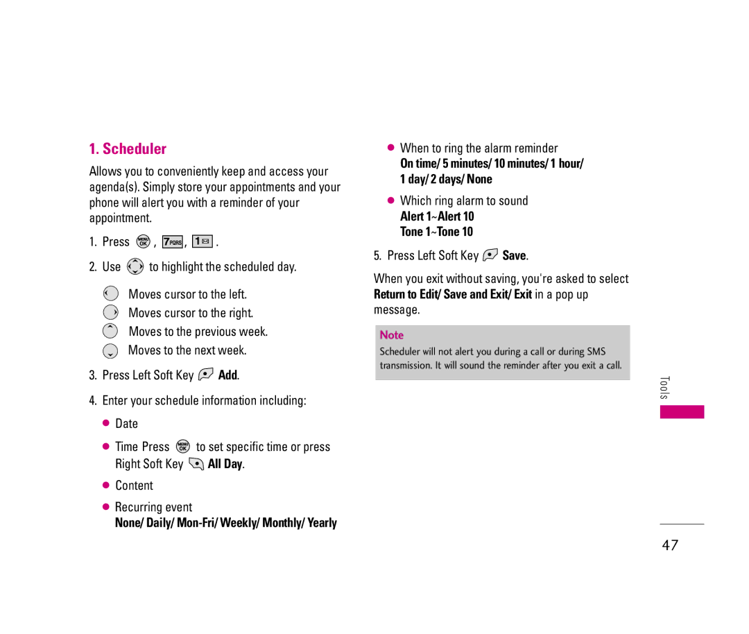 LG Electronics 150 manual Scheduler, When to ring the alarm reminder, Tone 1~Tone 