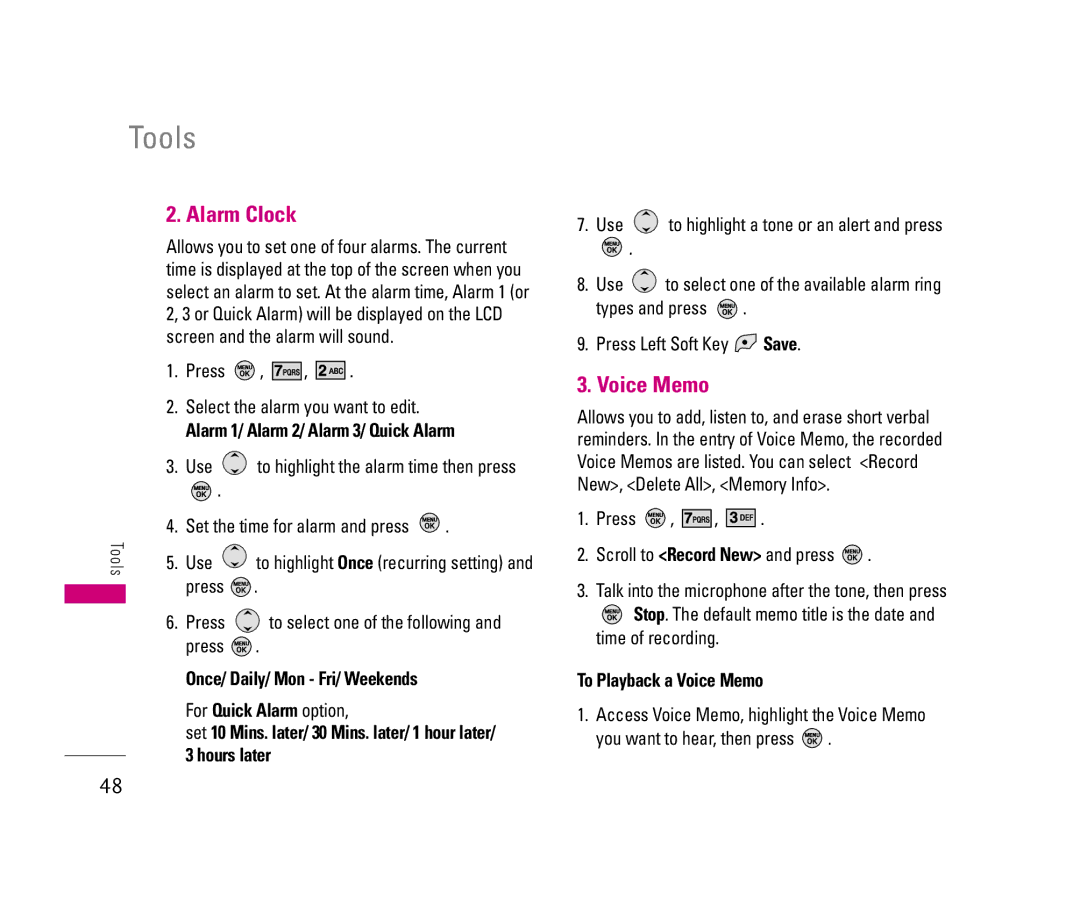LG Electronics 150 manual Alarm Clock, To Playback a Voice Memo 