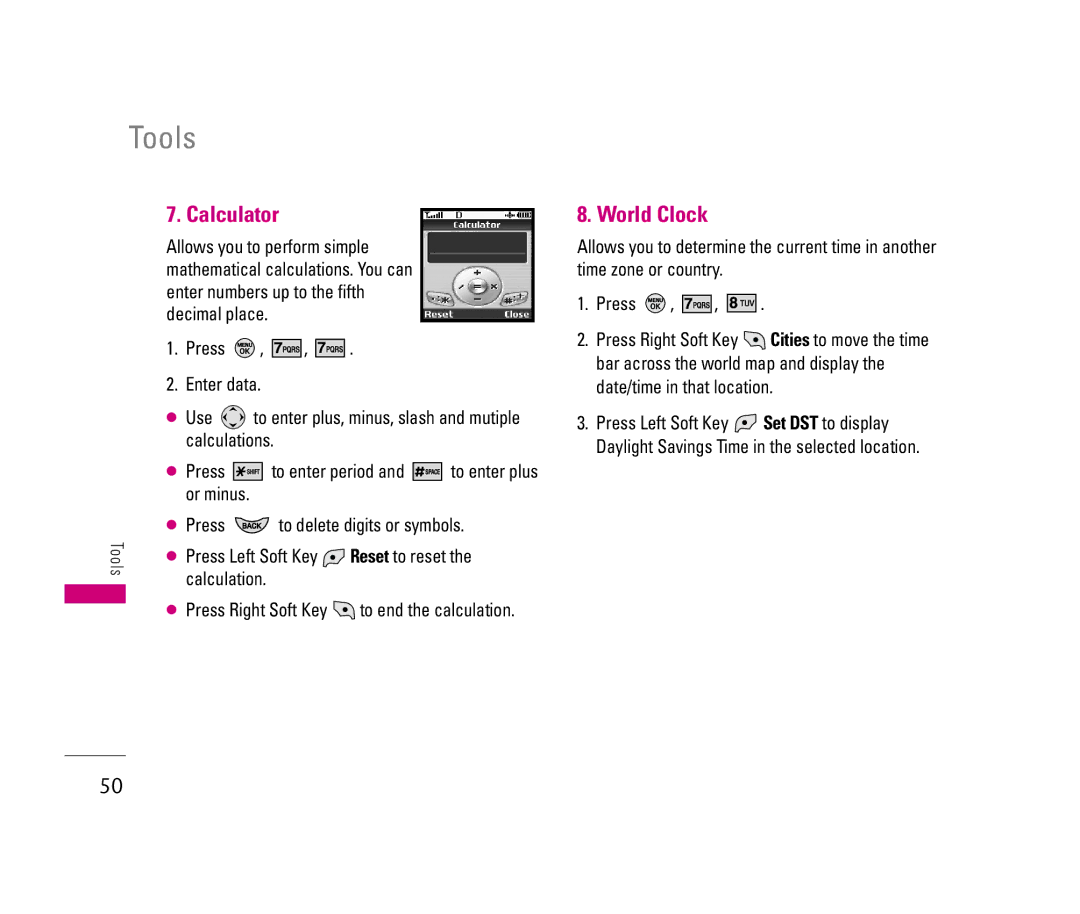 LG Electronics 150 manual Calculator, World Clock, Calculations Press To enter period 