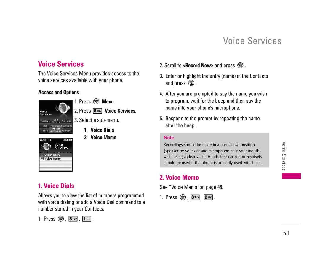 LG Electronics 150 manual Voice Dials, Menu Voice Services 