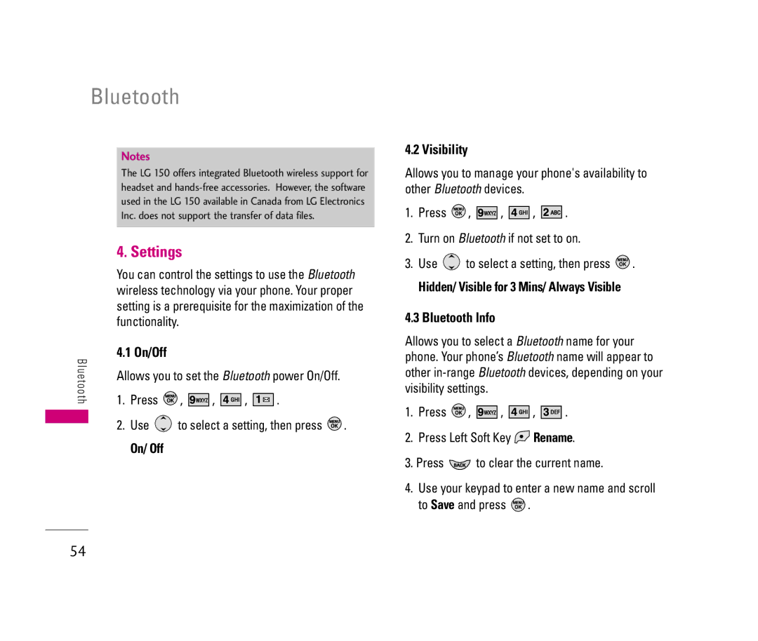 LG Electronics 150 manual Settings, On/Off, Visibility, Bluetooth Info, Hidden/ Visible for 3 Mins/ Always Visible 