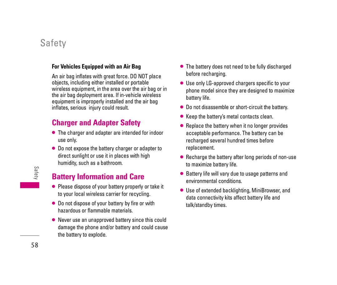 LG Electronics 150 manual Charger and Adapter Safety, Battery Information and Care, For Vehicles Equipped with an Air Bag 