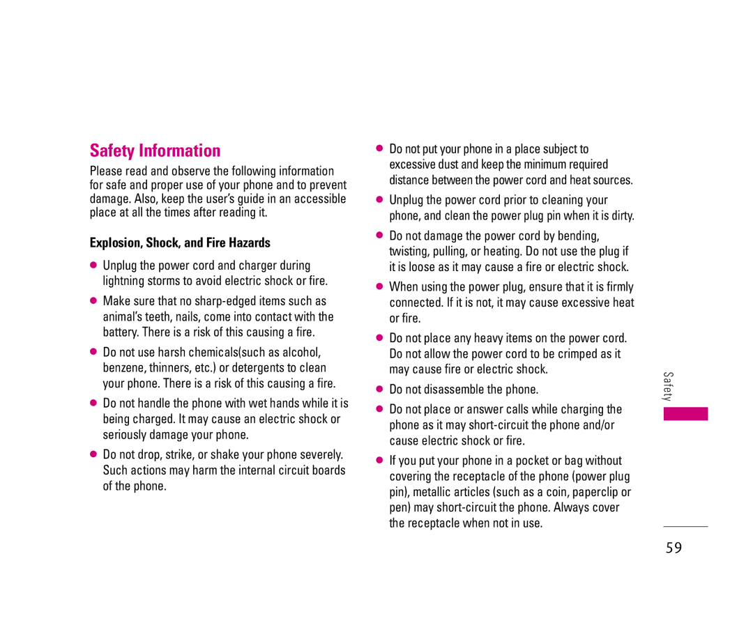 LG Electronics 150 manual Safety Information, Explosion, Shock, and Fire Hazards 