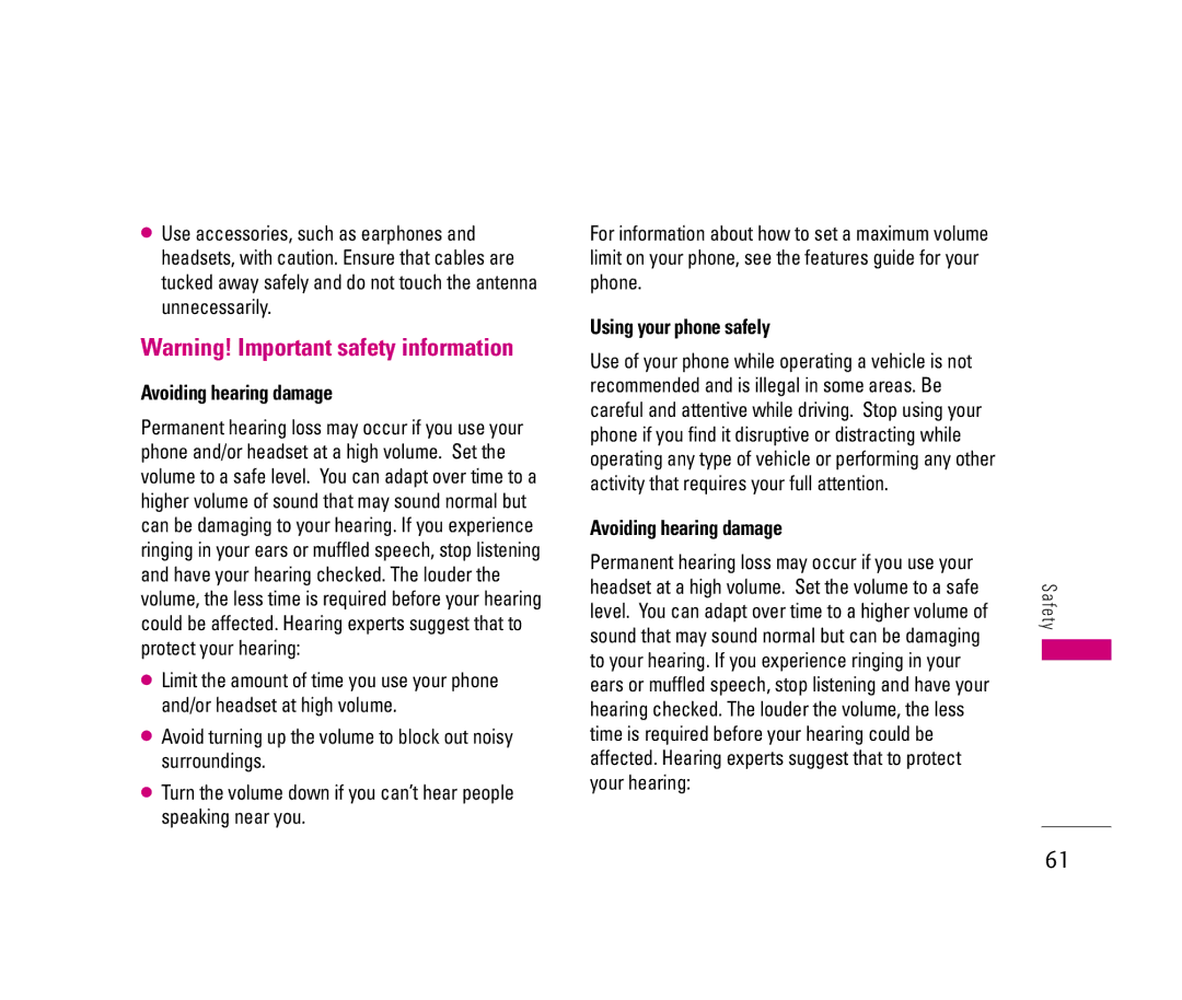 LG Electronics 150 manual Avoiding hearing damage, Using your phone safely 