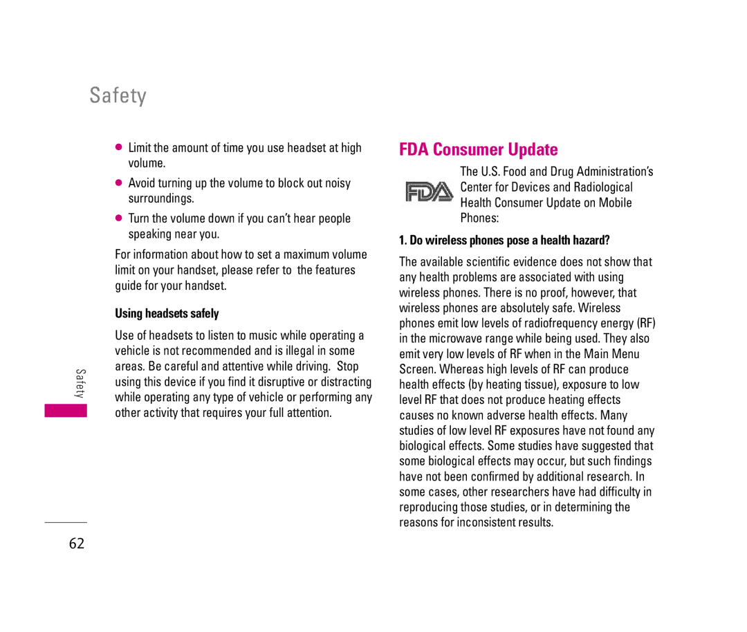 LG Electronics 150 manual FDA Consumer Update, Using headsets safely, Other activity that requires your full attention 