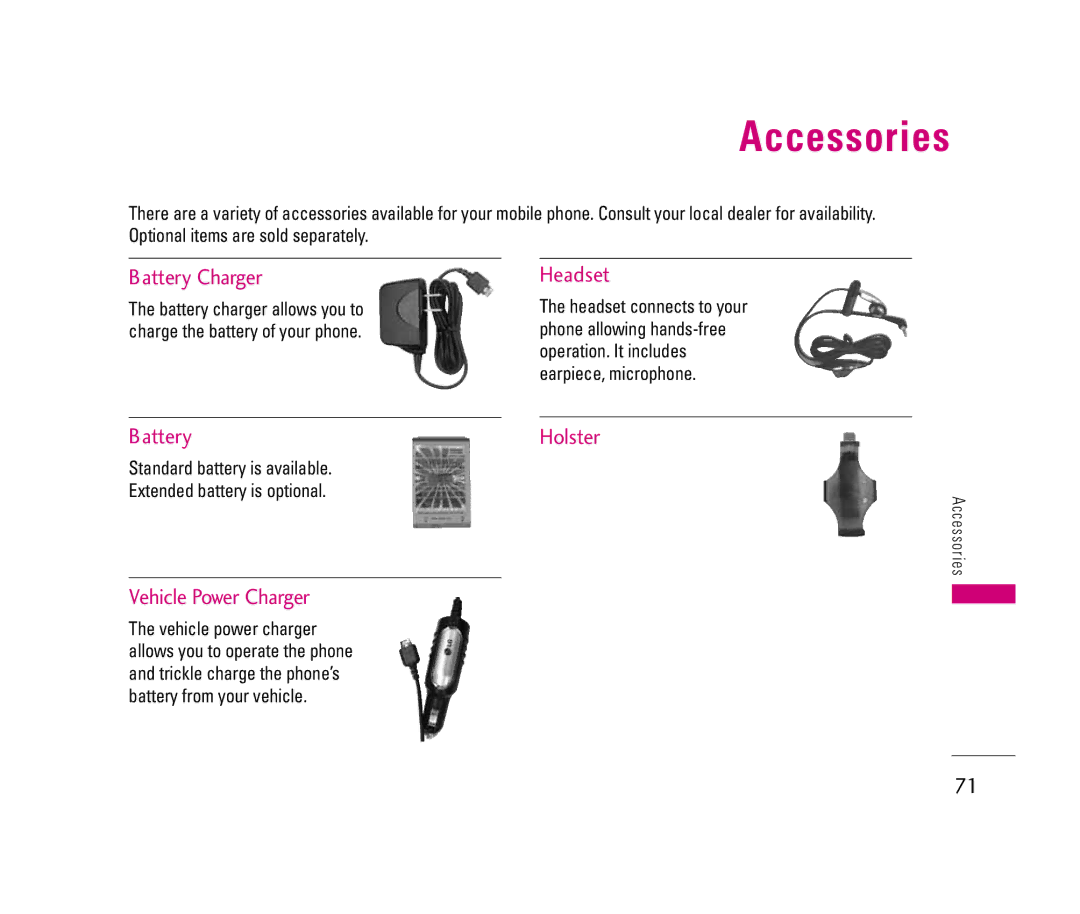 LG Electronics 150 manual Accessories, Standard battery is available Extended battery is optional 