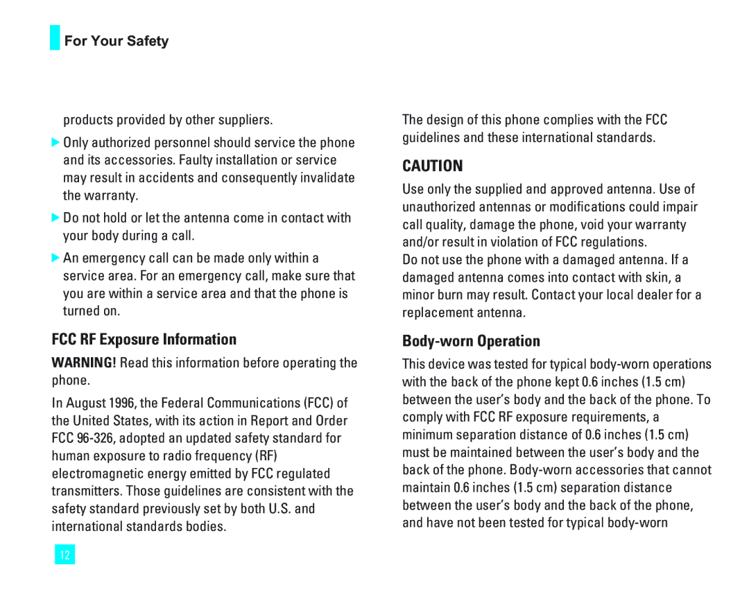 LG Electronics 1500 manual FCC RF Exposure Information, Body-worn Operation 