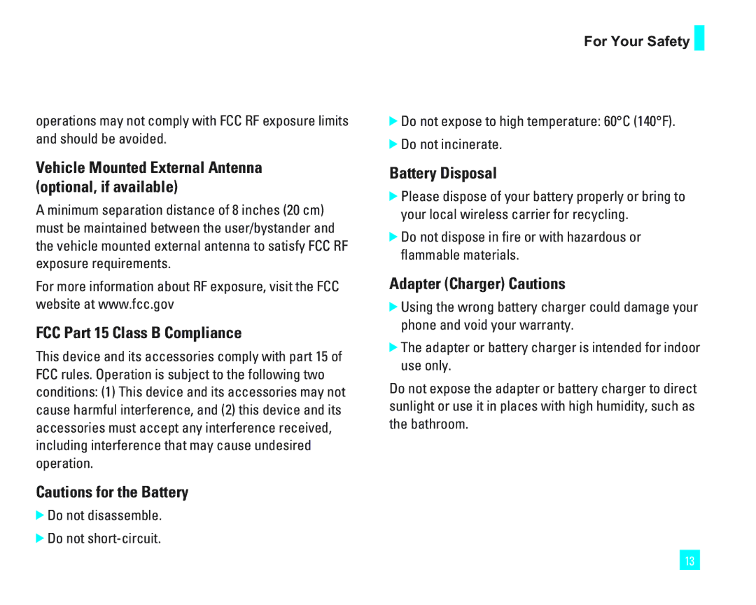 LG Electronics 1500 manual Vehicle Mounted External Antenna optional, if available, FCC Part 15 Class B Compliance 