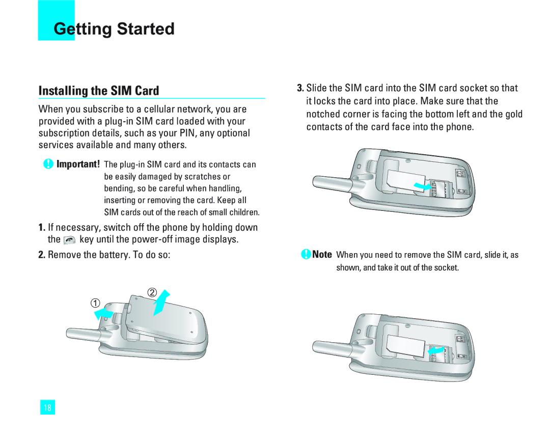 LG Electronics 1500 manual Getting Started, Installing the SIM Card 