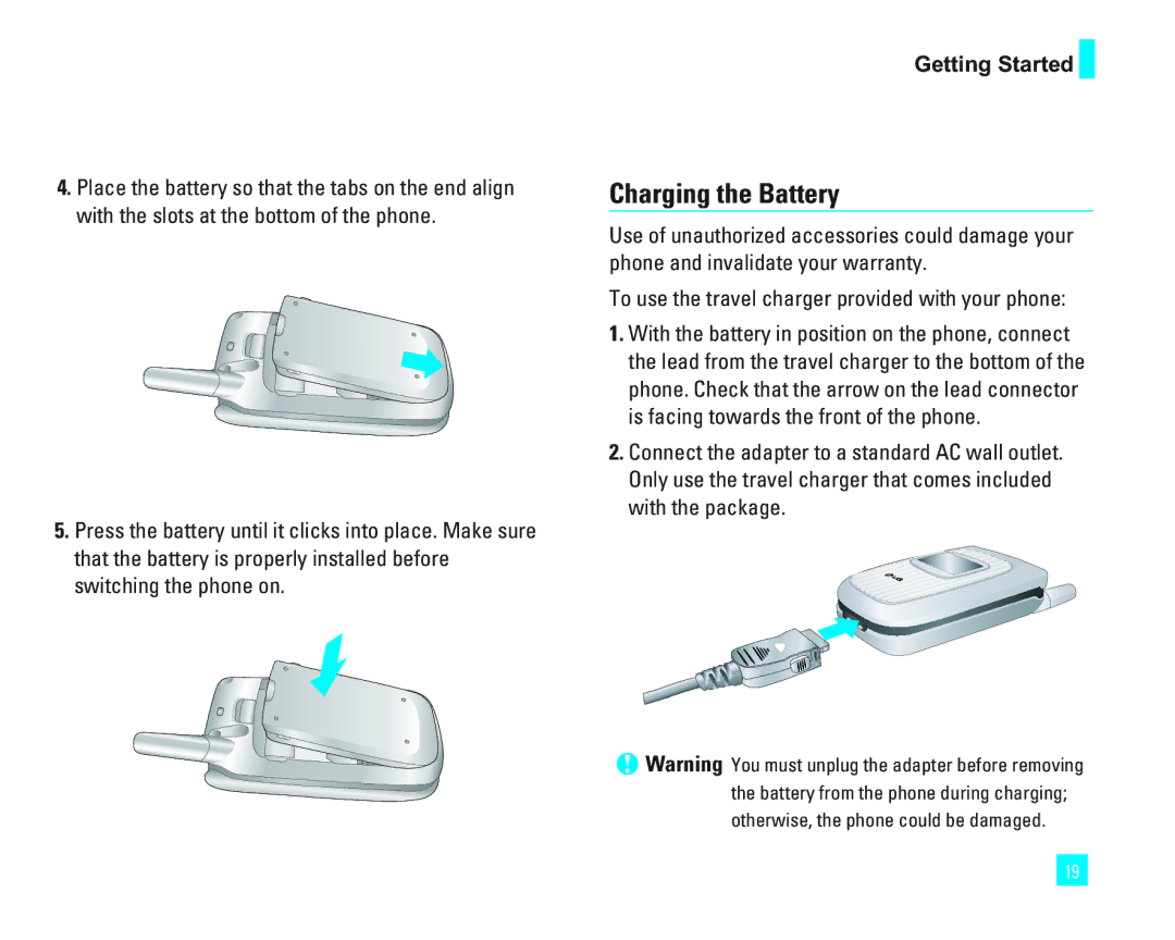 LG Electronics 1500 manual Charging the Battery, Getting Started, To use the travel charger provided with your phone 