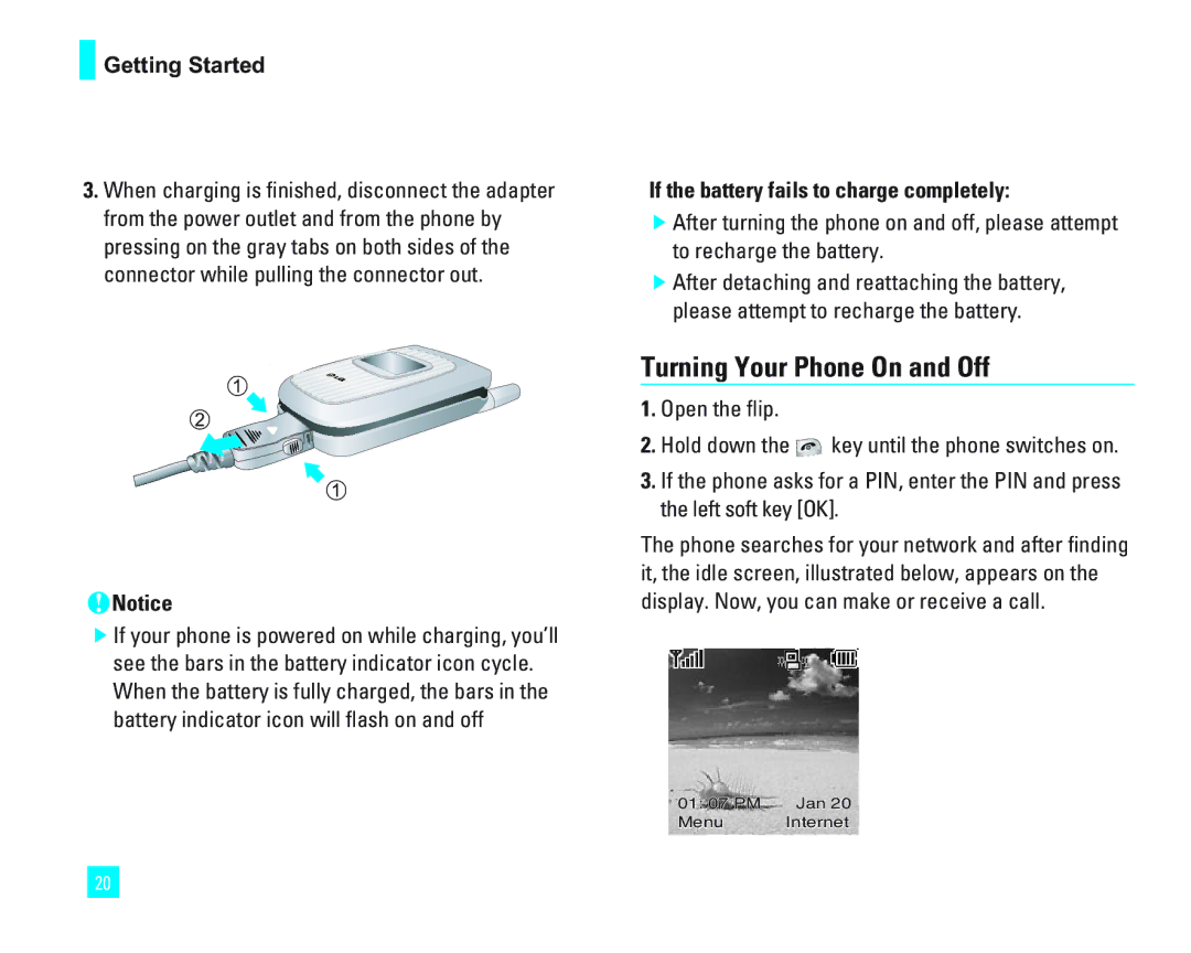 LG Electronics 1500 manual Turning Your Phone On and Off, If the battery fails to charge completely 