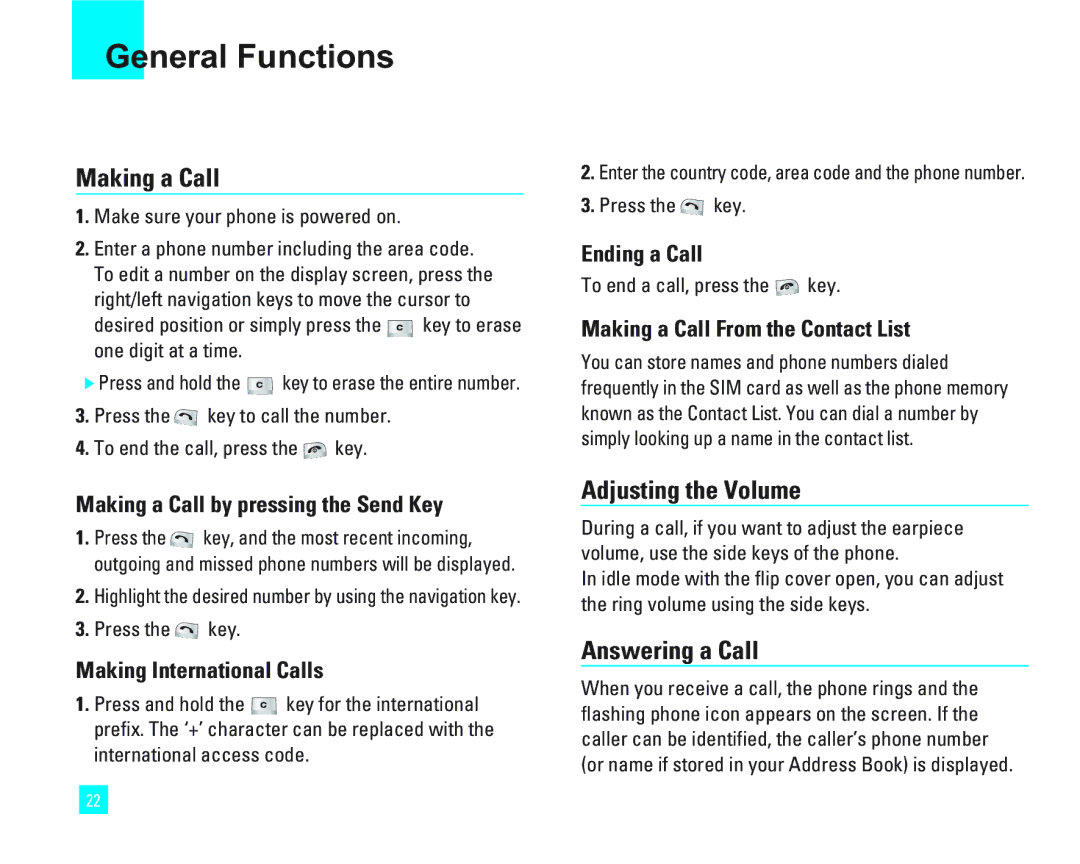 LG Electronics 1500 manual General Functions, Making a Call, Adjusting the Volume, Answering a Call 