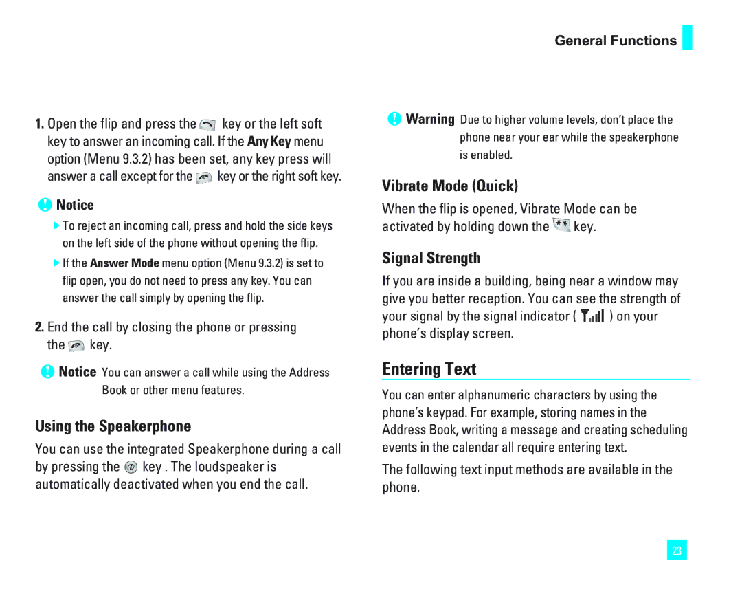 LG Electronics 1500 manual Entering Text, Using the Speakerphone, Vibrate Mode Quick, Signal Strength 