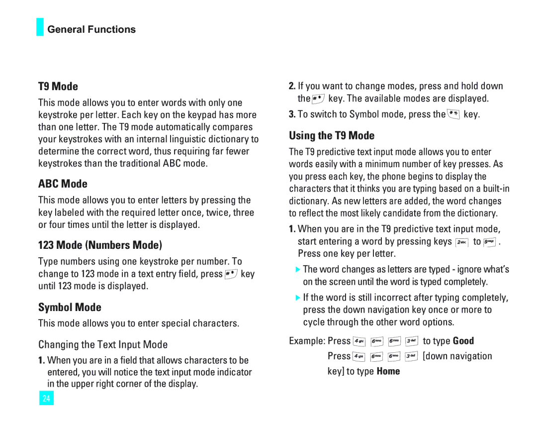 LG Electronics 1500 manual ABC Mode, Mode Numbers Mode, Symbol Mode, Using the T9 Mode 