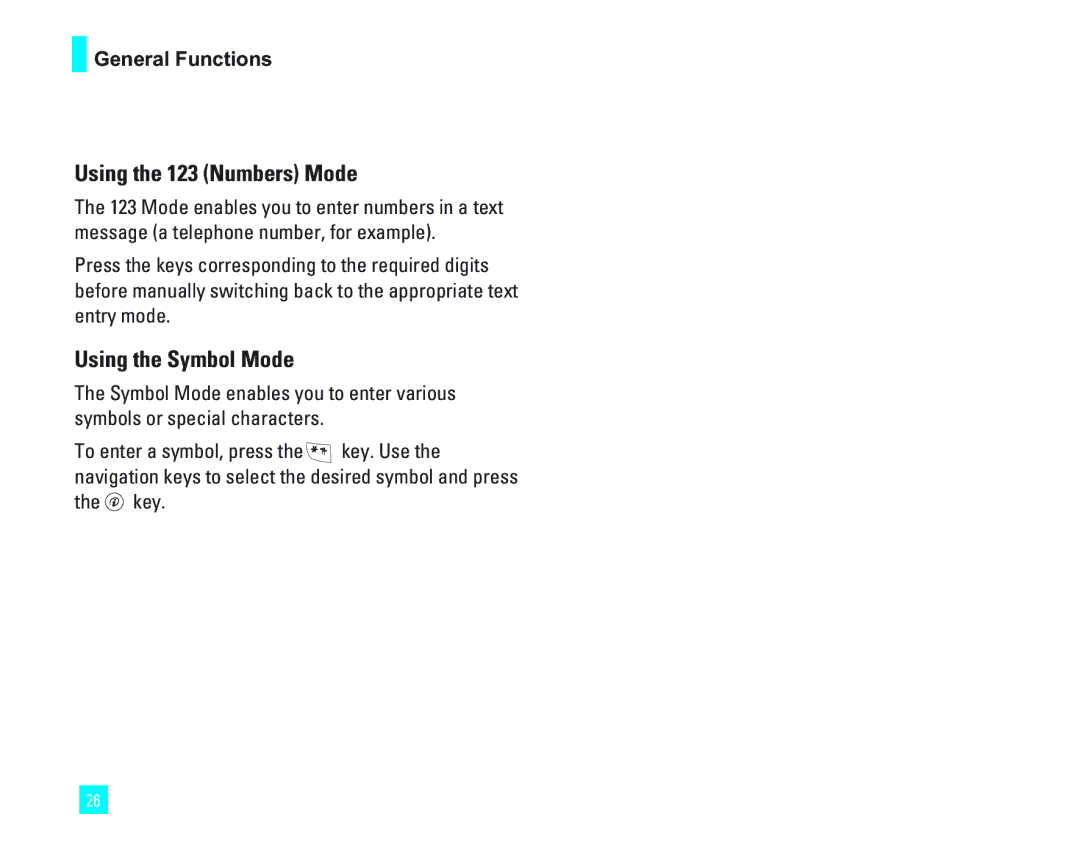 LG Electronics 1500 manual Using the 123 Numbers Mode, Using the Symbol Mode 