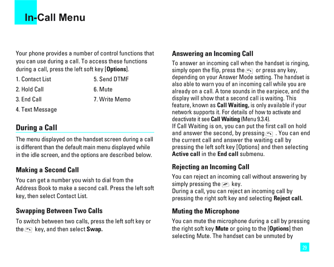 LG Electronics 1500 manual In-Call Menu, During a Call 