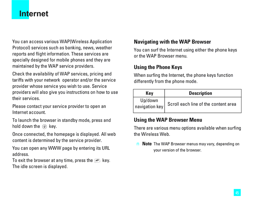 LG Electronics 1500 manual Internet, Navigating with the WAP Browser, Using the Phone Keys, Using the WAP Browser Menu 