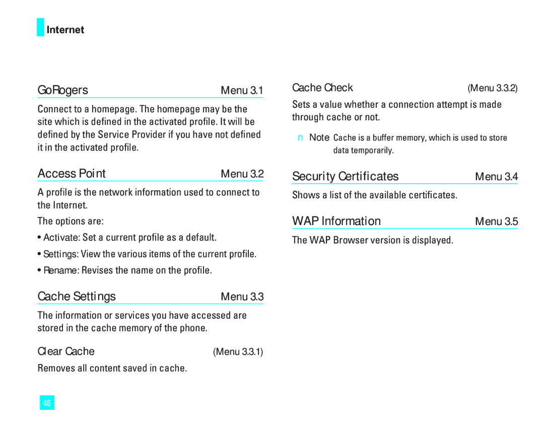 LG Electronics 1500 manual GoRogers, Access Point, Cache Settings, Security Certificates, WAP Information 