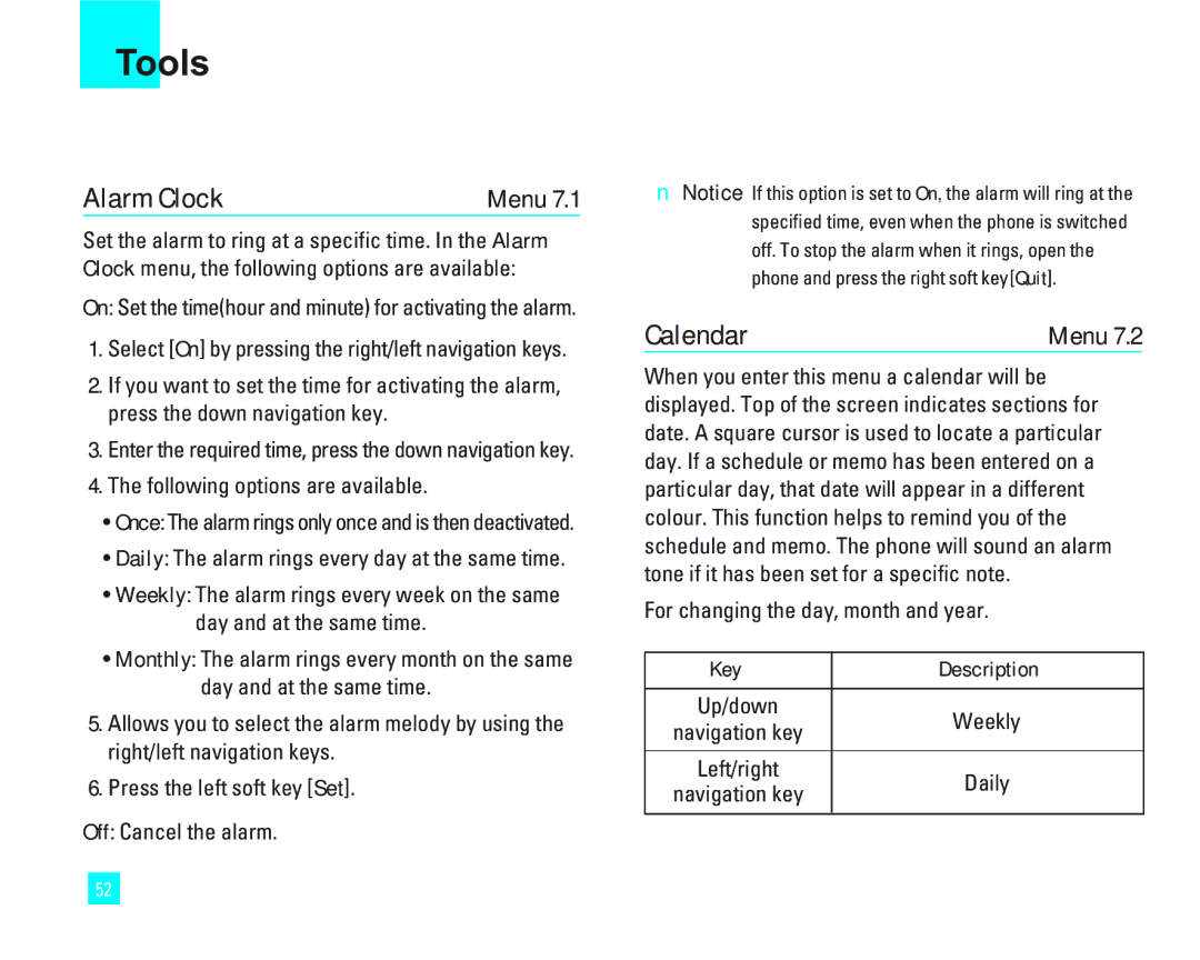 LG Electronics 1500 manual Tools, Alarm Clock, Calendar, For changing the day, month and year 